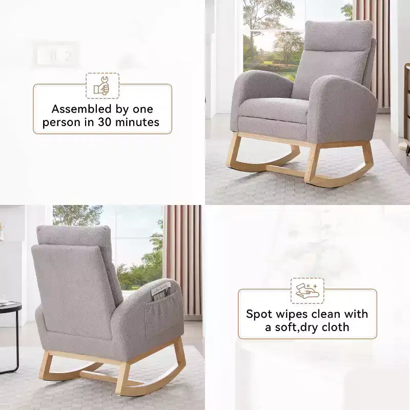 Fauteuil à bascule Teddy en tissu, repose-pieds réglable, appui-tête épaissi, poche de rangement, base en bois massif, chambre de bébé/salon, blanc