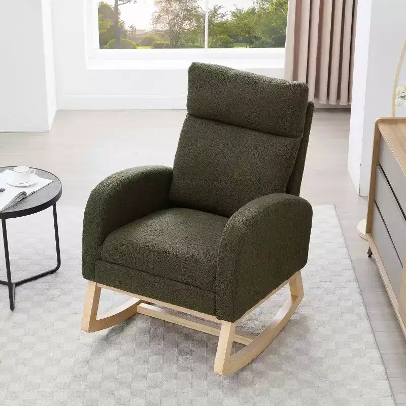 Fauteuil à bascule Teddy en tissu, repose-pieds réglable, appui-tête épaissi, poche de rangement, base en bois massif, chambre de bébé/salon, blanc