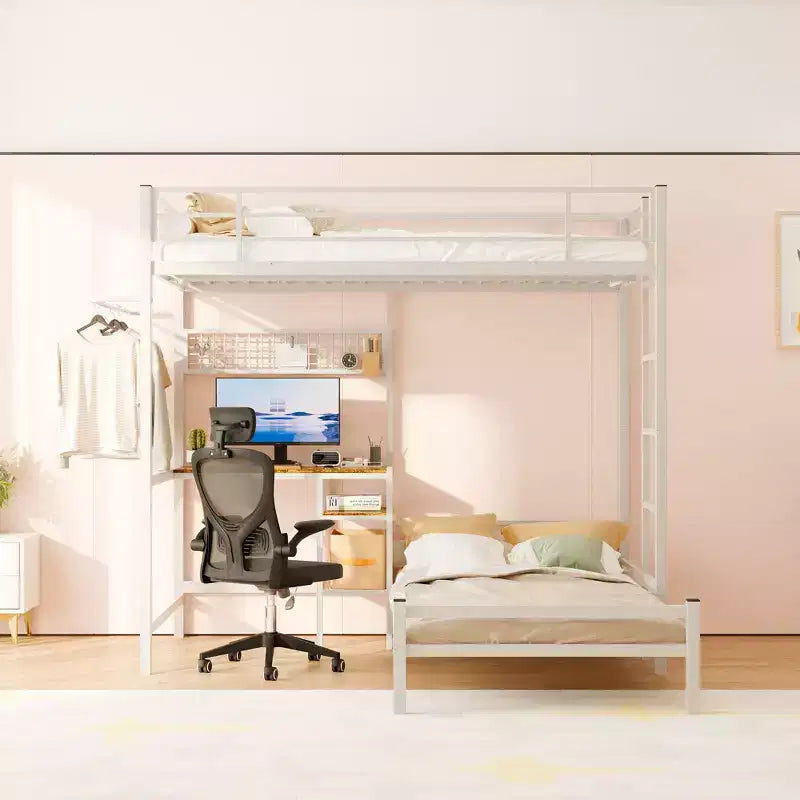 Lit superposé d'angle en métal, format simple, avec rangement et bureau intégré, cadre de lit contemporain pour chambre à coucher, appartements