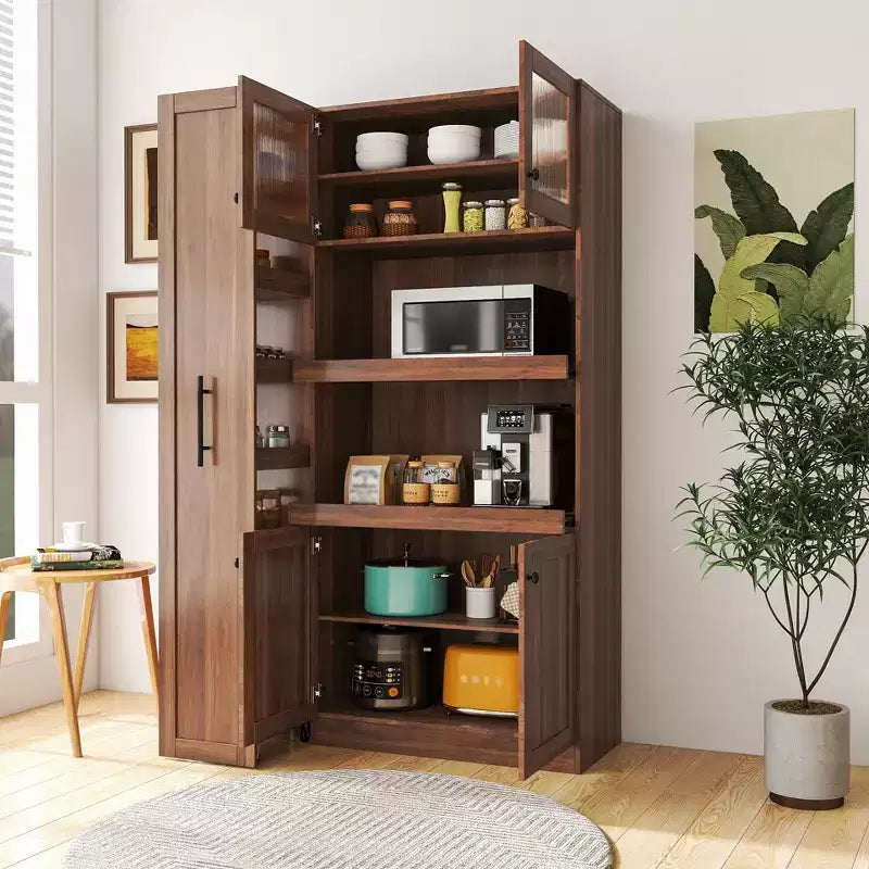 Armoire de cuisine avec étagères coulissantes, buffet de style ferme, organisateurs de garde-manger à 4 portes