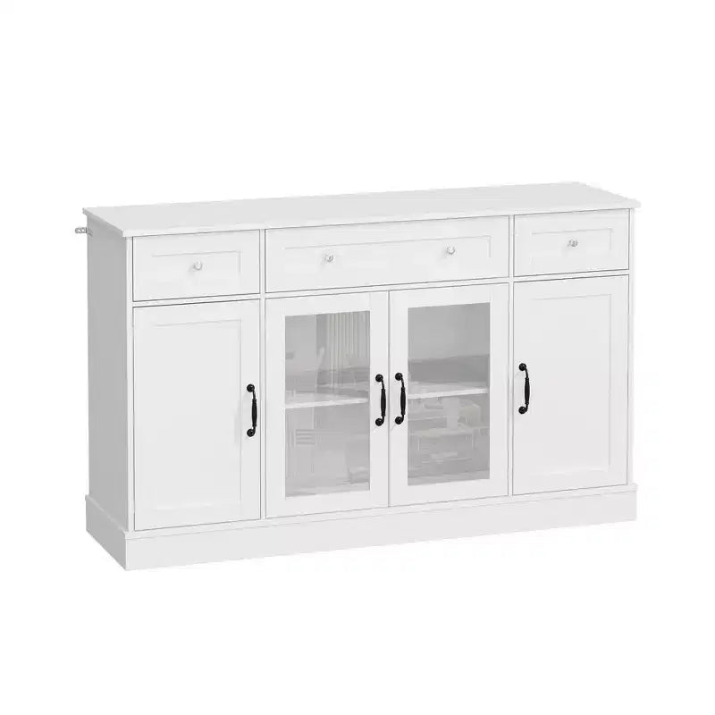 Meuble TV élégant en verre blanc avec étagères intérieures de porte, console multimédia pour salon, meuble TV 3 tiroirs, meuble de rangement de divertissement