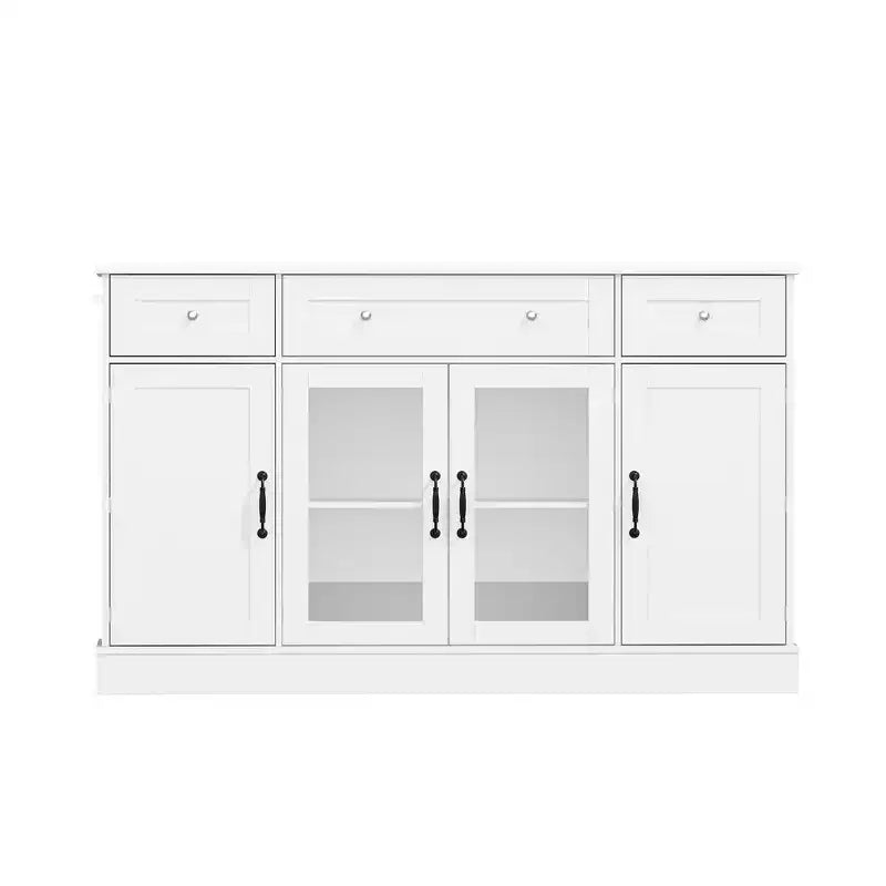 Meuble TV élégant en verre blanc avec étagères intérieures de porte, console multimédia pour salon, meuble TV 3 tiroirs, meuble de rangement de divertissement
