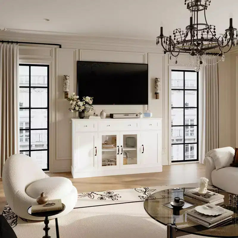 Meuble TV élégant en verre blanc avec étagères intérieures de porte, console multimédia pour salon, meuble TV 3 tiroirs, meuble de rangement de divertissement