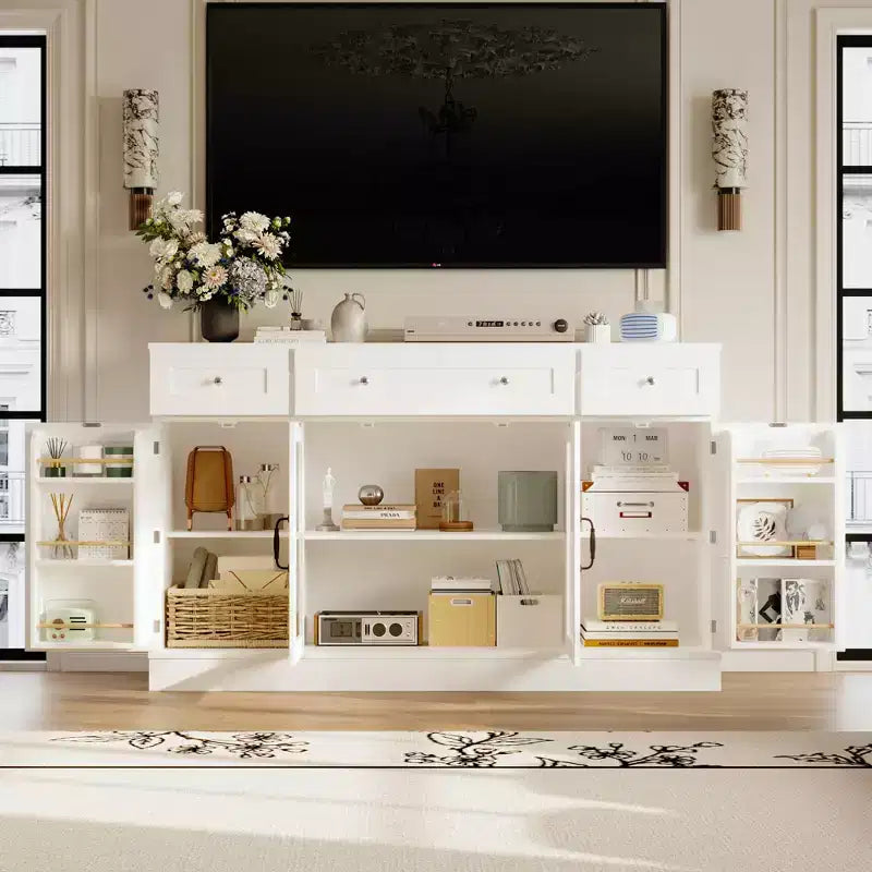 Meuble TV élégant en verre blanc avec étagères intérieures de porte, console multimédia pour salon, meuble TV 3 tiroirs, meuble de rangement de divertissement