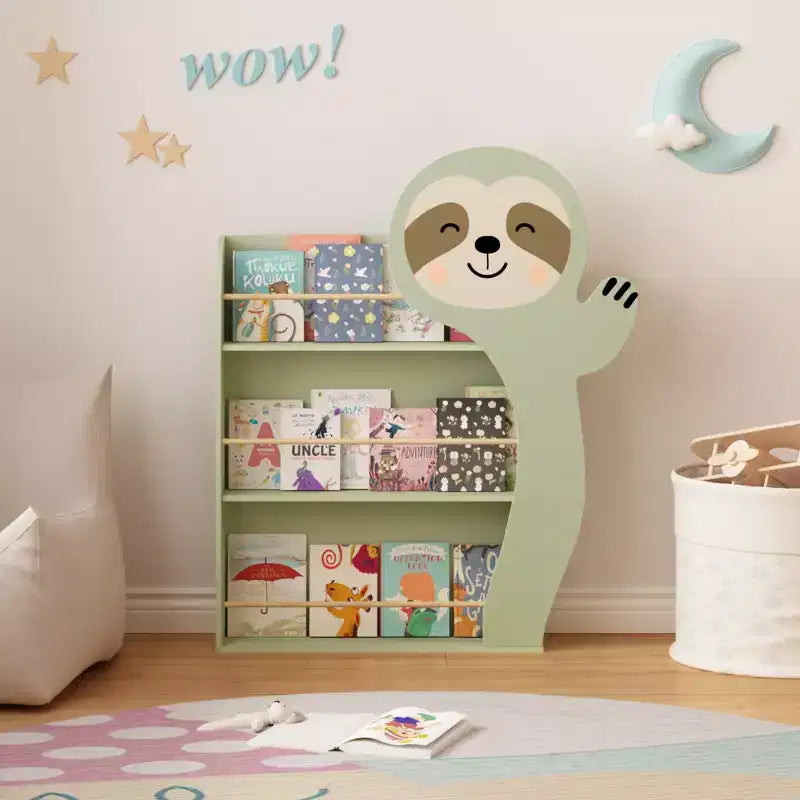 TUYOHW Kids Sloth Bookshelf,3-Tier Front-Facing Book Rack with Anti-Tip Kit,Wood Nursery Bookshelf for Playroom,Bedroom & Reading Corner,Green