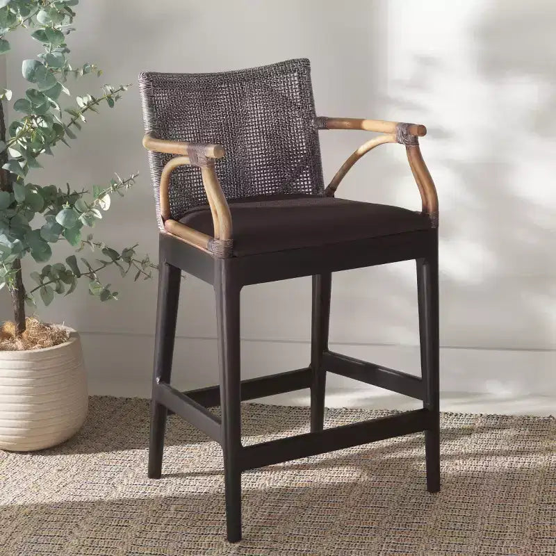 Tabouret de bar moderne | Structure en acajou + coussin en lin
