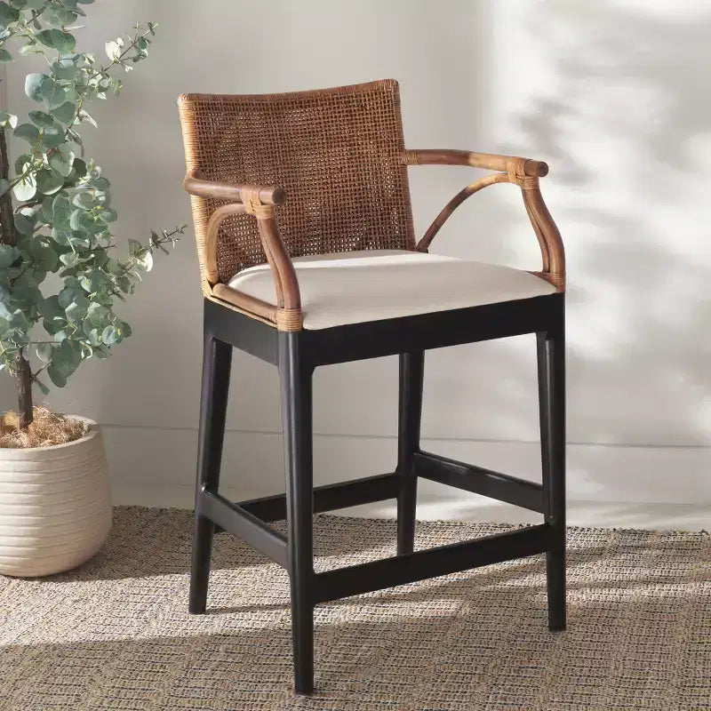 Tabouret de bar moderne | Structure en acajou + coussin en lin
