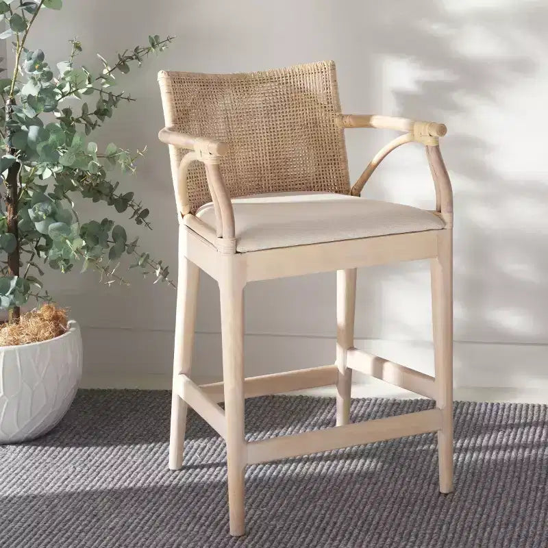 Tabouret de bar moderne | Structure en acajou + coussin en lin