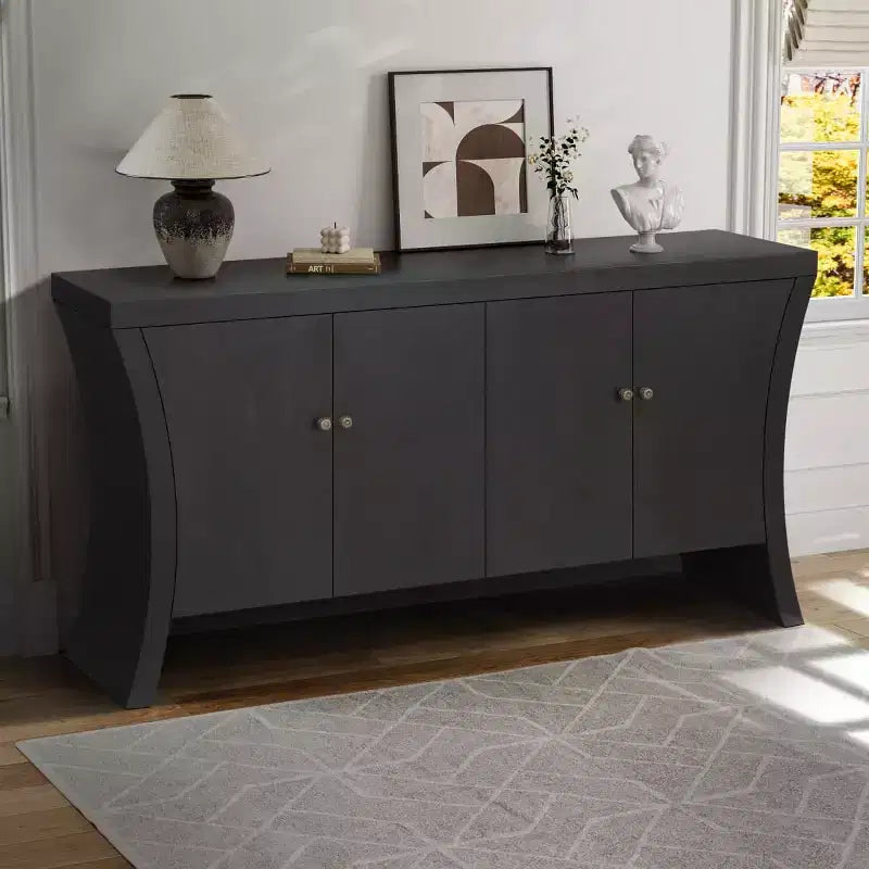Buffet bahut moderne à 4 portes avec poignées en bronze et pieds arqués, crédence de salle à manger pour salon ou entrée