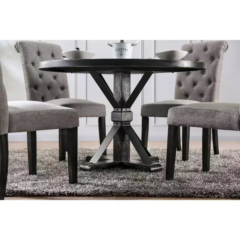 Table à manger ronde noire, pied central rustique de style ferme, 4 places