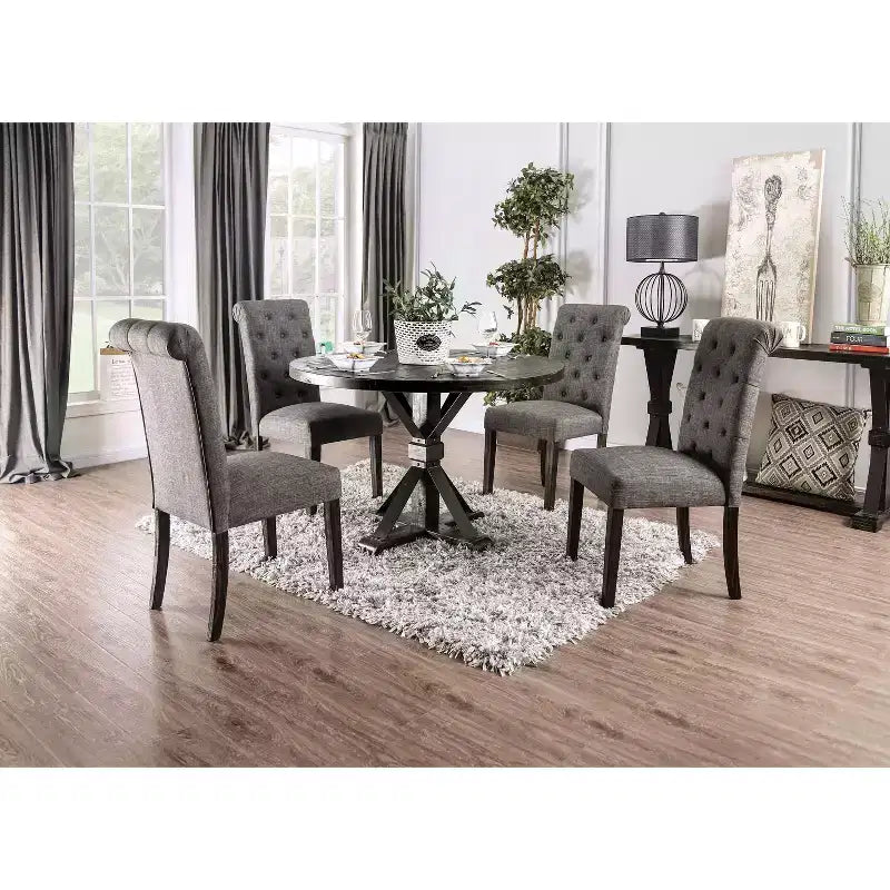 Table à manger ronde noire, pied central rustique de style ferme, 4 places