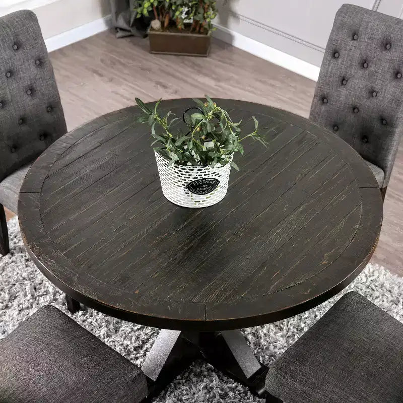 Table à manger ronde noire, pied central rustique de style ferme, 4 places
