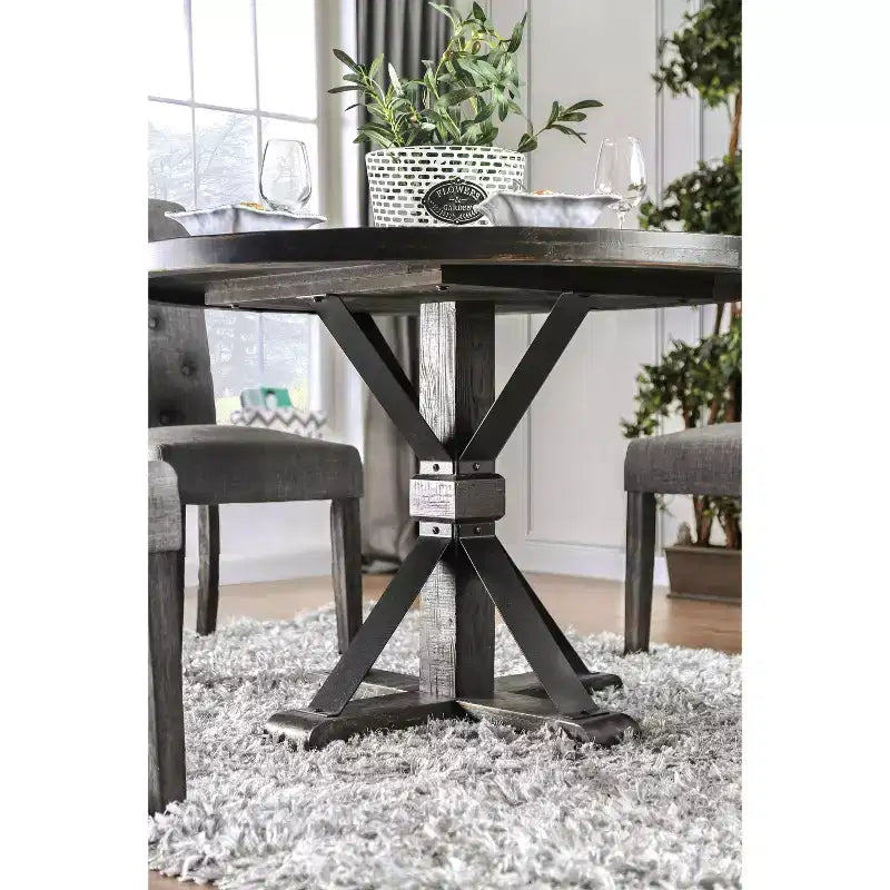 Table à manger ronde noire, pied central rustique de style ferme, 4 places