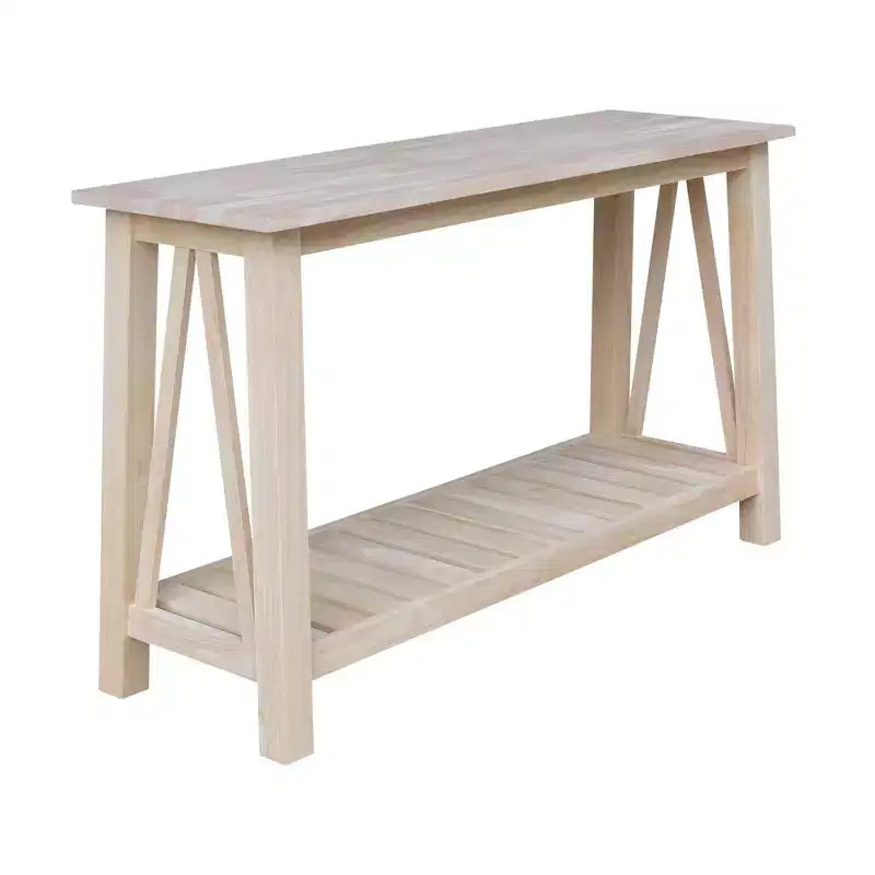 Table console canapé en bois brut, piètement en bois, forme rectangulaire, 50 po de largeur