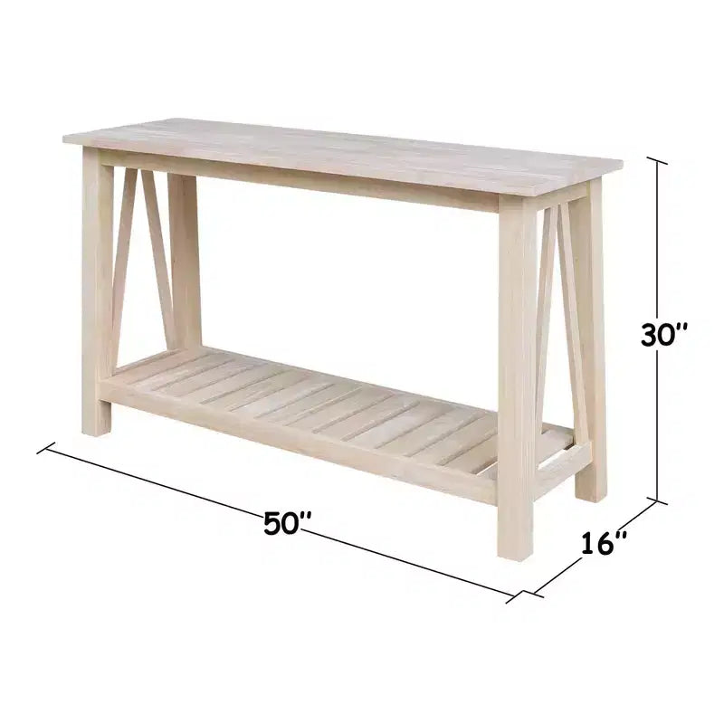 Table console canapé en bois brut, piètement en bois, forme rectangulaire, 50 po de largeur
