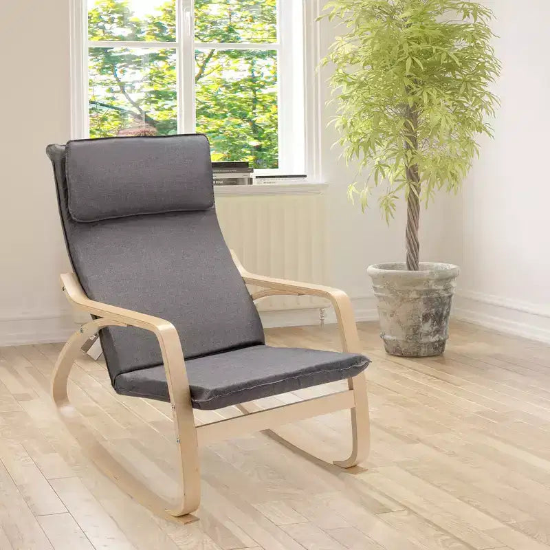 Fauteuil à bascule moderne en bois courbé, rembourré en tissu, fauteuil de relaxation gris/beige