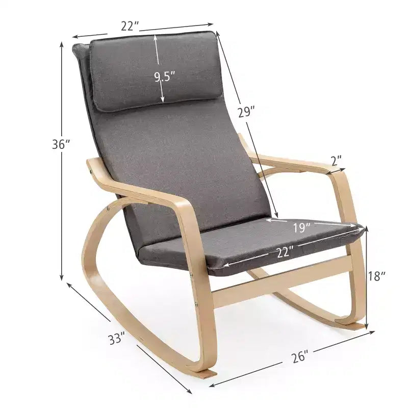 Fauteuil à bascule moderne en bois courbé, rembourré en tissu, fauteuil de relaxation gris/beige