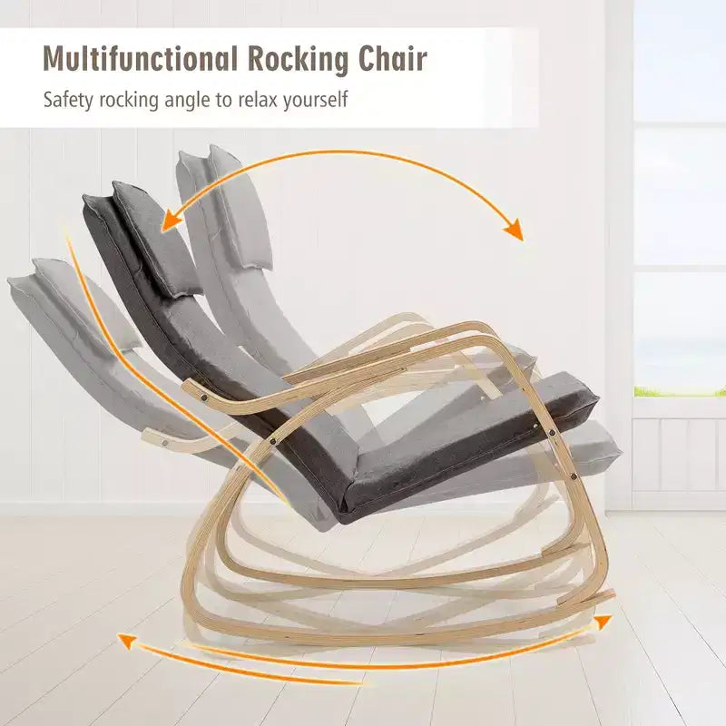 Fauteuil à bascule moderne en bois courbé, rembourré en tissu, fauteuil de relaxation gris/beige