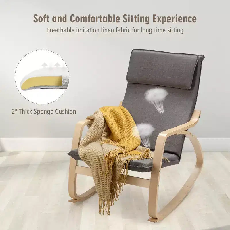 Fauteuil à bascule moderne en bois courbé, rembourré en tissu, fauteuil de relaxation gris/beige