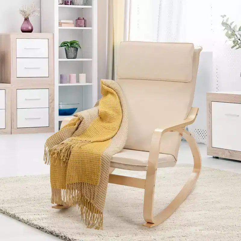 Fauteuil à bascule moderne en bois courbé, rembourré en tissu, fauteuil de relaxation gris/beige