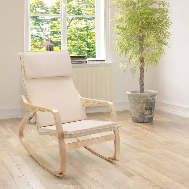 Fauteuil à bascule moderne en bois courbé, rembourré en tissu, fauteuil de relaxation gris/beige
