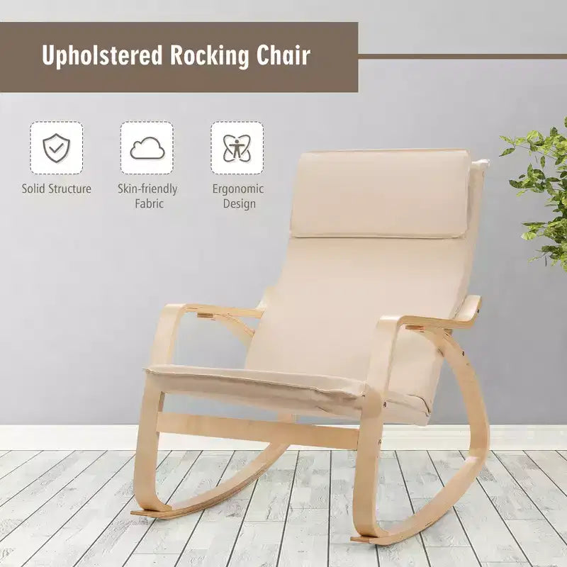 Fauteuil à bascule moderne en bois courbé, rembourré en tissu, fauteuil de relaxation gris/beige