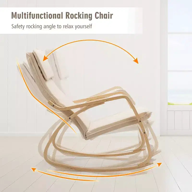 Fauteuil à bascule moderne en bois courbé, rembourré en tissu, fauteuil de relaxation gris/beige