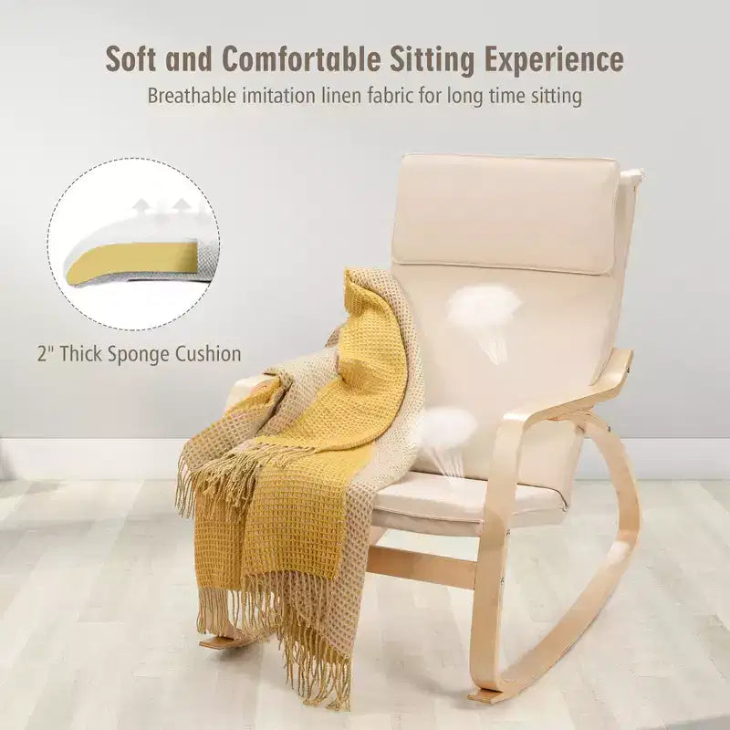Fauteuil à bascule moderne en bois courbé, rembourré en tissu, fauteuil de relaxation gris/beige