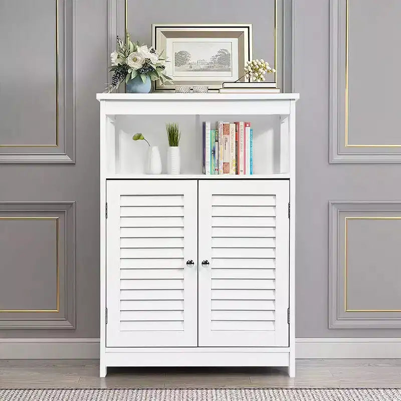 Meuble de rangement de salle de bain en bois avec double porte persienne blanc